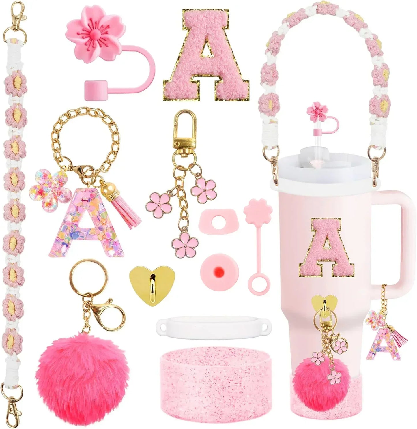 12PCS Cup Accessories for Stanley Cup 30oz 40oz Straw Cover Cap Water Bottle Handle Strap Boot Chains Personalized Sticker