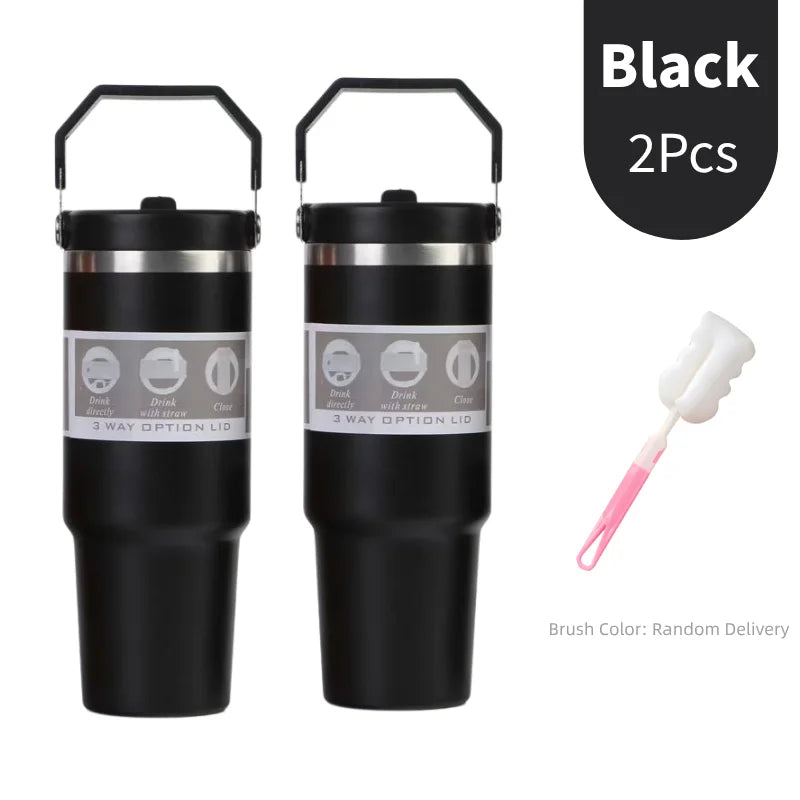30oz Large Capacity Portable Car Cup Stainless Steel Thermos Cup with Straw & Handle Travel Sports Water Bottle Vacuum Flask