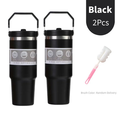 30oz Large Capacity Portable Car Cup Stainless Steel Thermos Cup with Straw & Handle Travel Sports Water Bottle Vacuum Flask