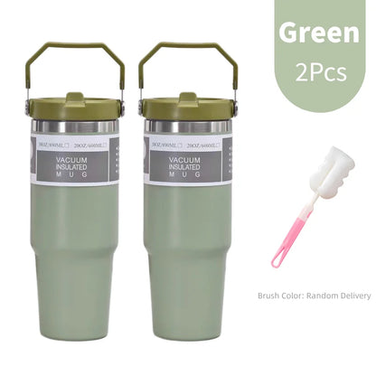 30oz Large Capacity Portable Car Cup Stainless Steel Thermos Cup with Straw & Handle Travel Sports Water Bottle Vacuum Flask