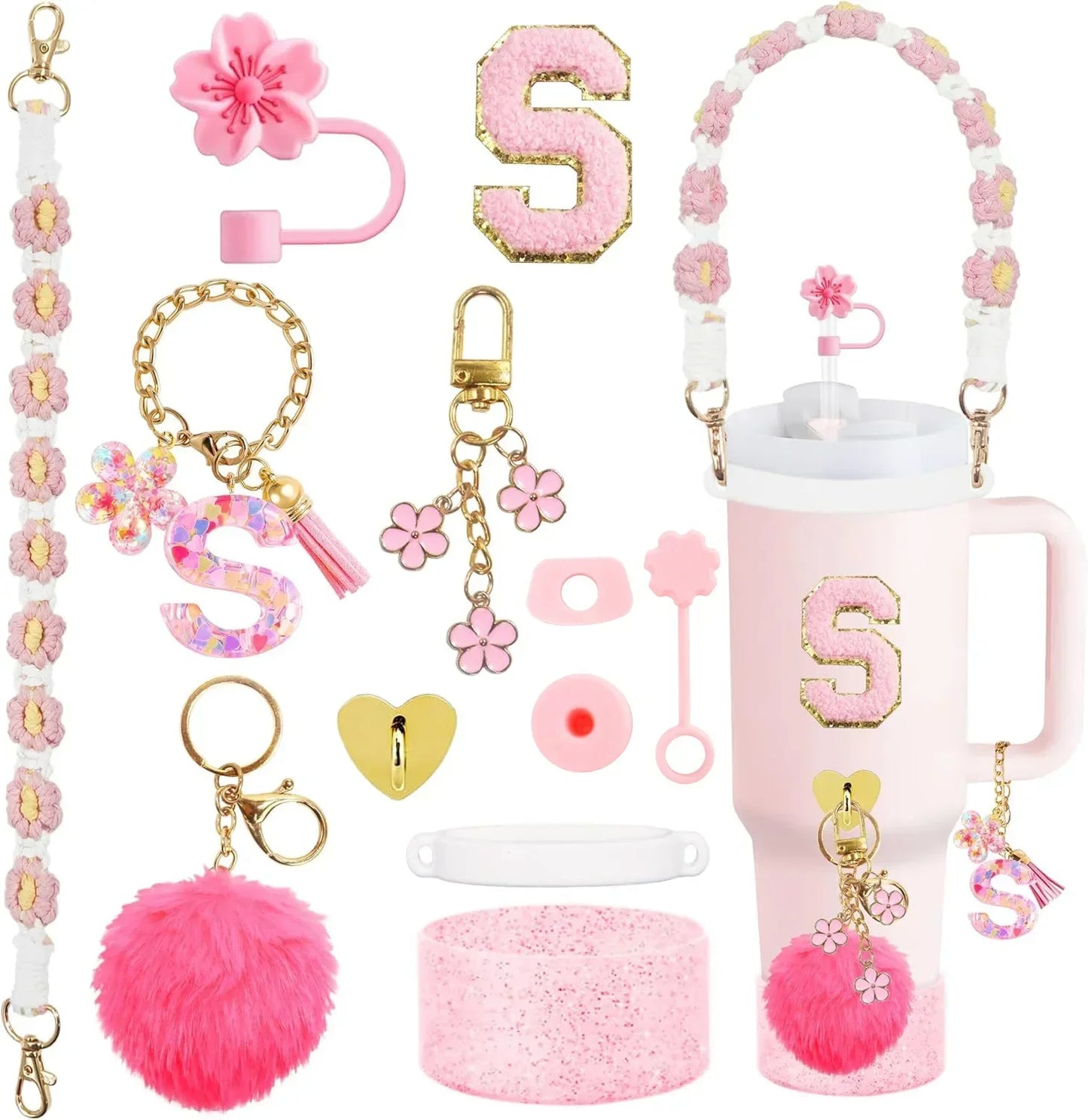 12PCS Cup Accessories for Stanley Cup 30oz 40oz Straw Cover Cap Water Bottle Handle Strap Boot Chains Personalized Sticker