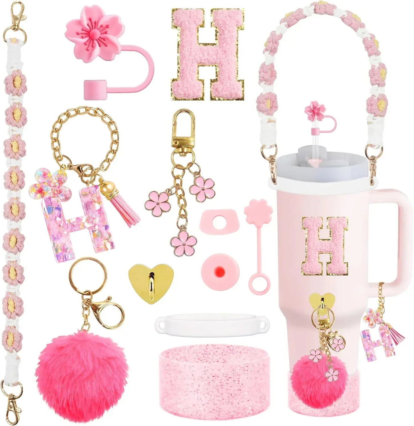 12PCS Cup Accessories for Stanley Cup 30oz 40oz Straw Cover Cap Water Bottle Handle Strap Boot Chains Personalized Sticker