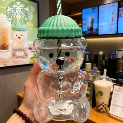 Coffee Cup Cute Little Bear Straw Plastic Water Cup Durable Coffee Wine Mike Beverage Cup for Birthday and Christmas Gifts