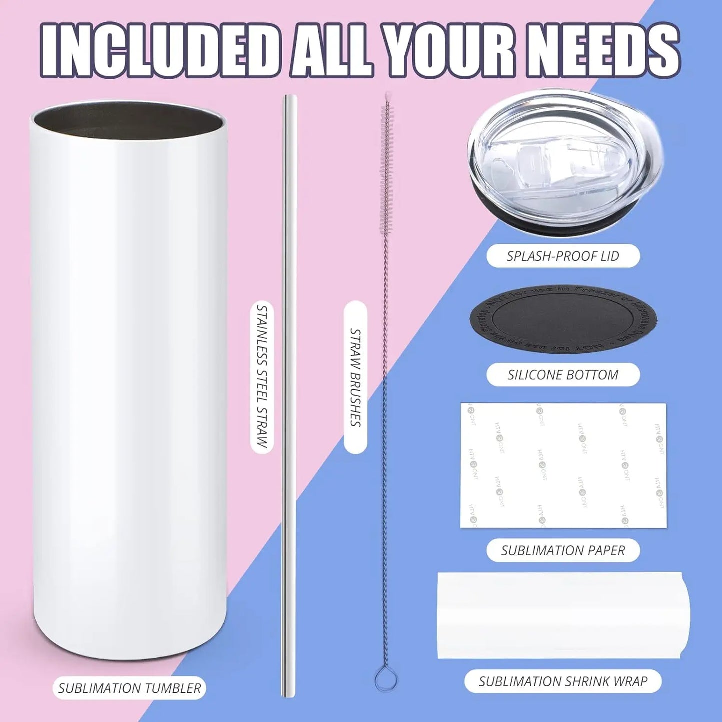 HTVRONT 48 Pack Sublimation Tumblers 20 oz Skinny bulk Stainless Steel Double Wall Insulated Straight Sublimation Tumbler Cups