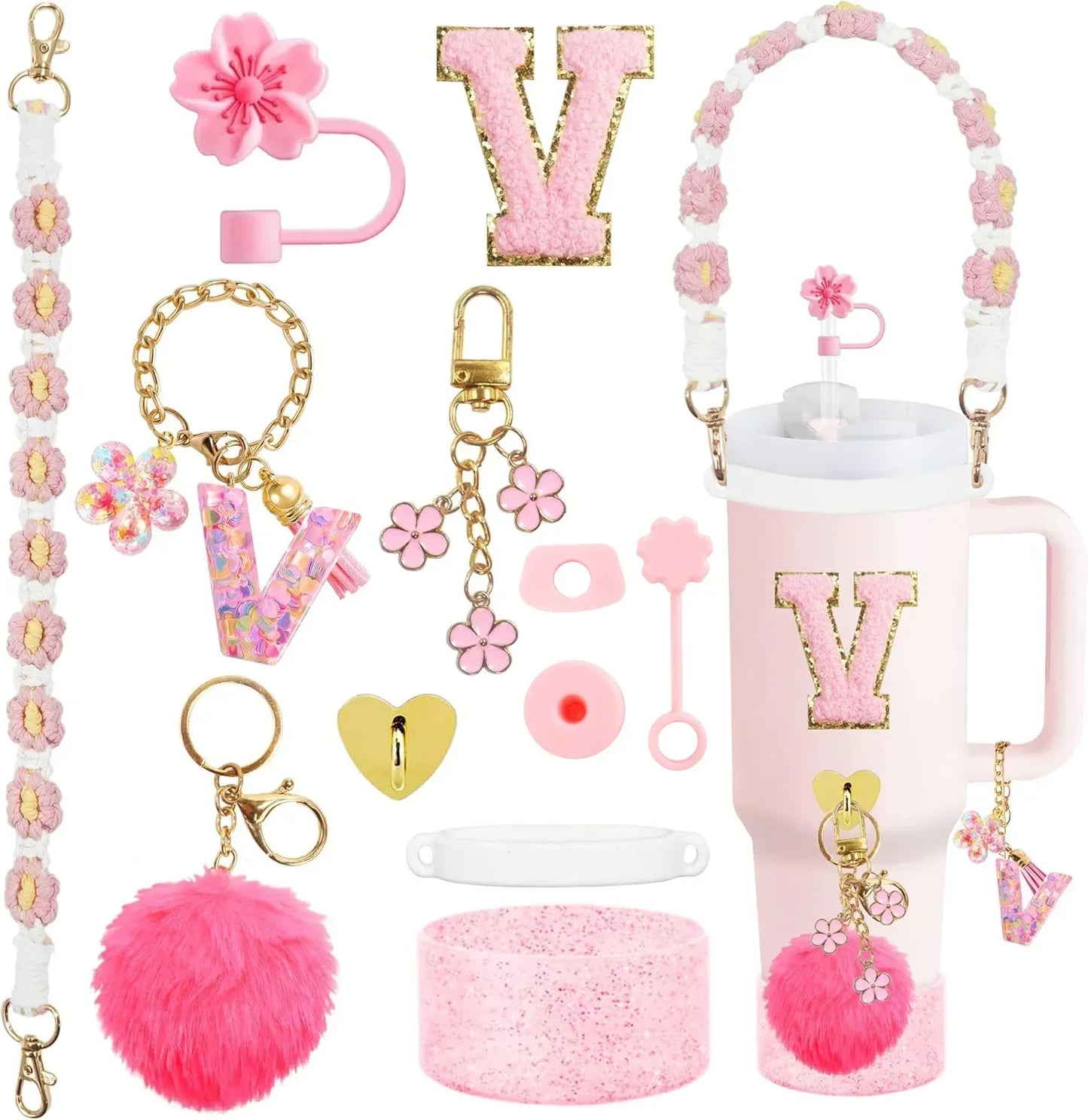 12PCS Cup Accessories for Stanley Cup 30oz 40oz Straw Cover Cap Water Bottle Handle Strap Boot Chains Personalized Sticker