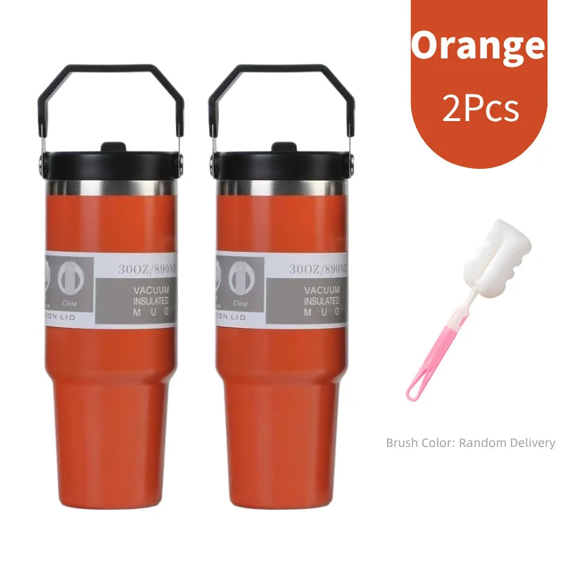 30oz Large Capacity Portable Car Cup Stainless Steel Thermos Cup with Straw & Handle Travel Sports Water Bottle Vacuum Flask