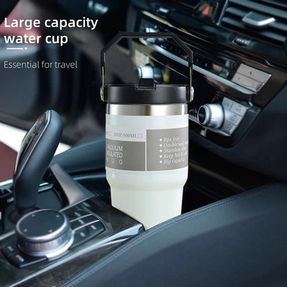 30oz Large Capacity Portable Car Cup Stainless Steel Thermos Cup with Straw & Handle Travel Sports Water Bottle Vacuum Flask