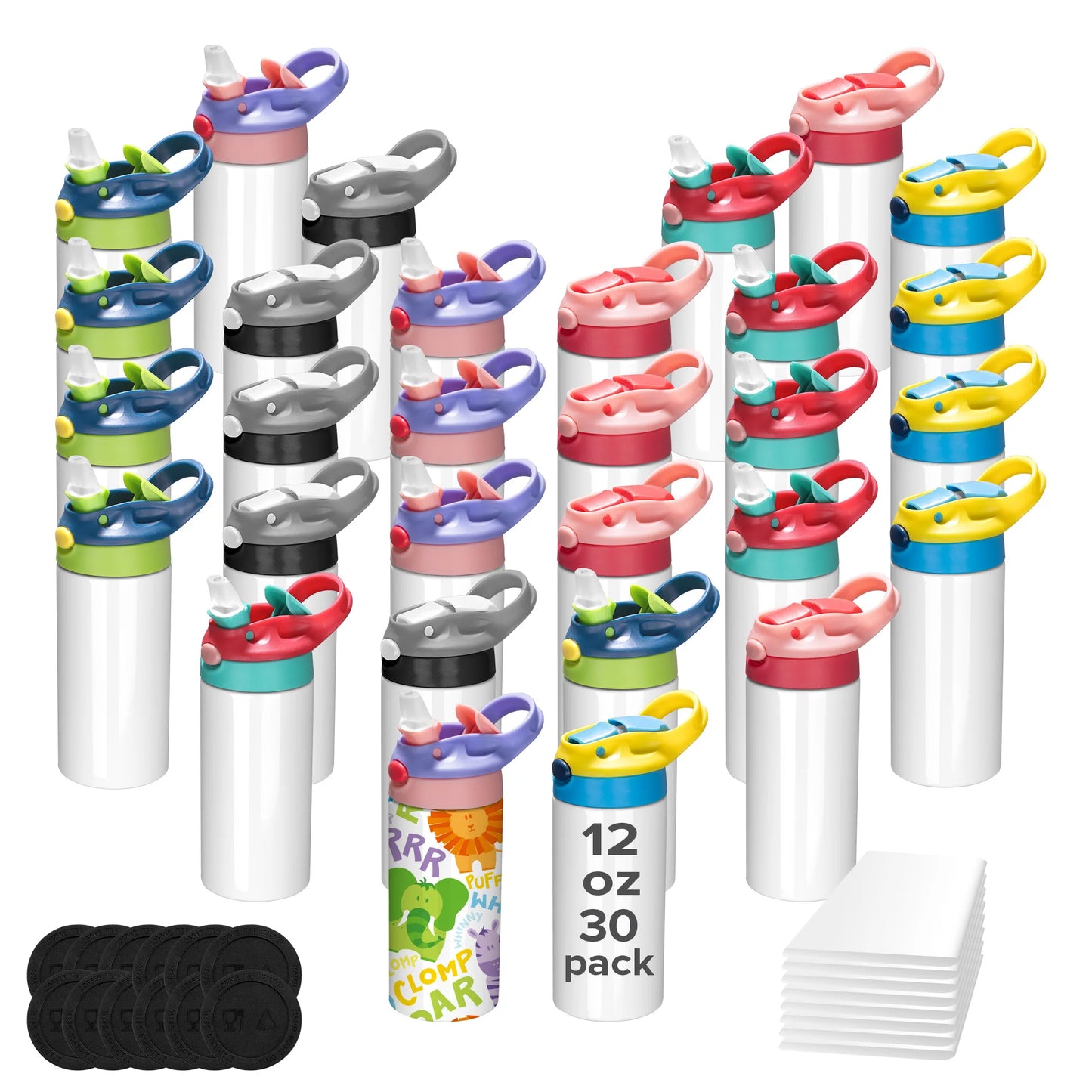 12/30 Pack 12oz Sublimation Kids Tumblers,with Silicone Sleeve & Shrink Wrap,Blank Heat Transfer Ready,Handmade for Boys & Girls