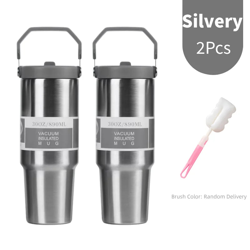 30oz Large Capacity Portable Car Cup Stainless Steel Thermos Cup with Straw & Handle Travel Sports Water Bottle Vacuum Flask
