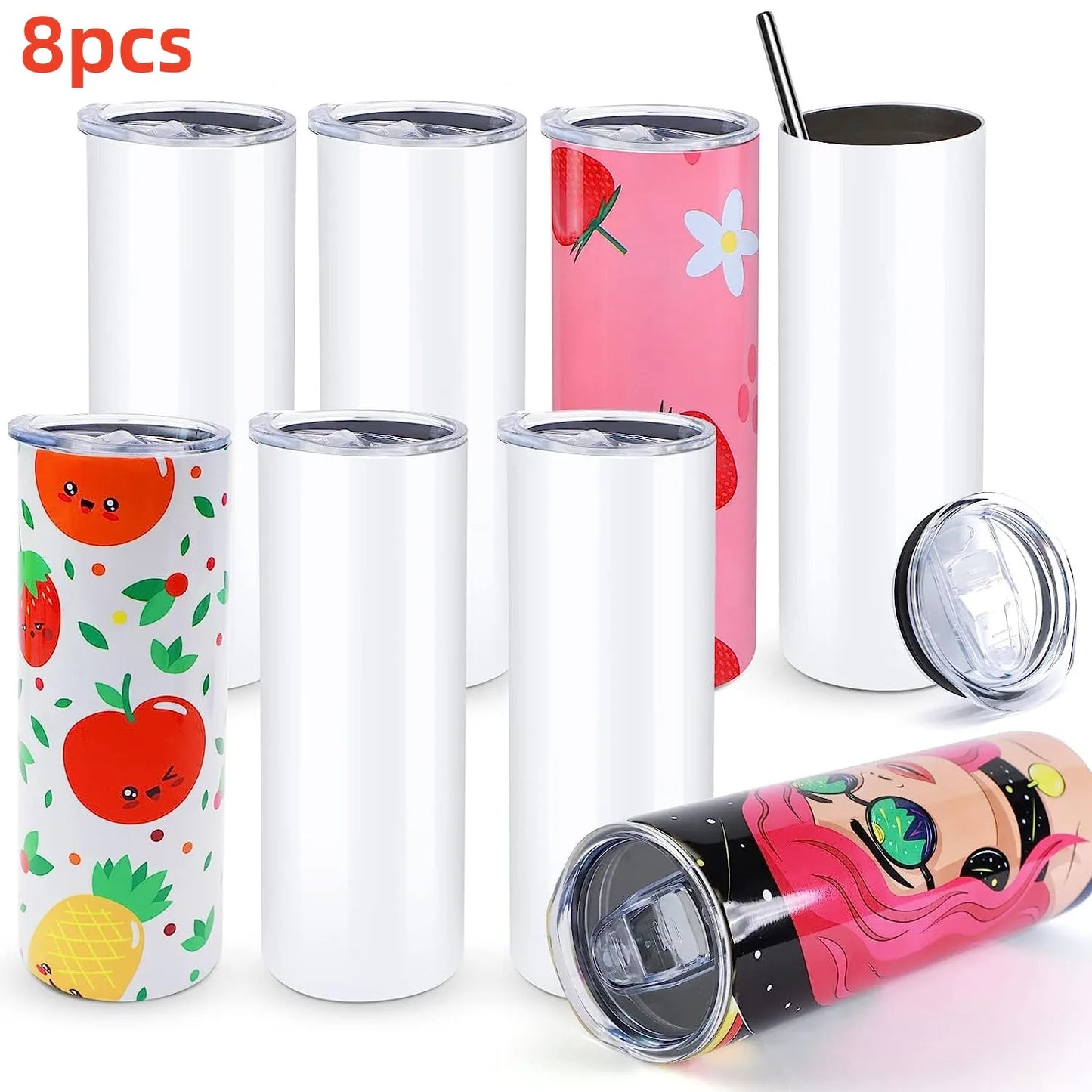 HTVRONT 8 Pack 20 OZ Sublimation Tumbler Blanks Skinny Straight in Bulk, Stainless Steel Insulated Sublimation Tumbler