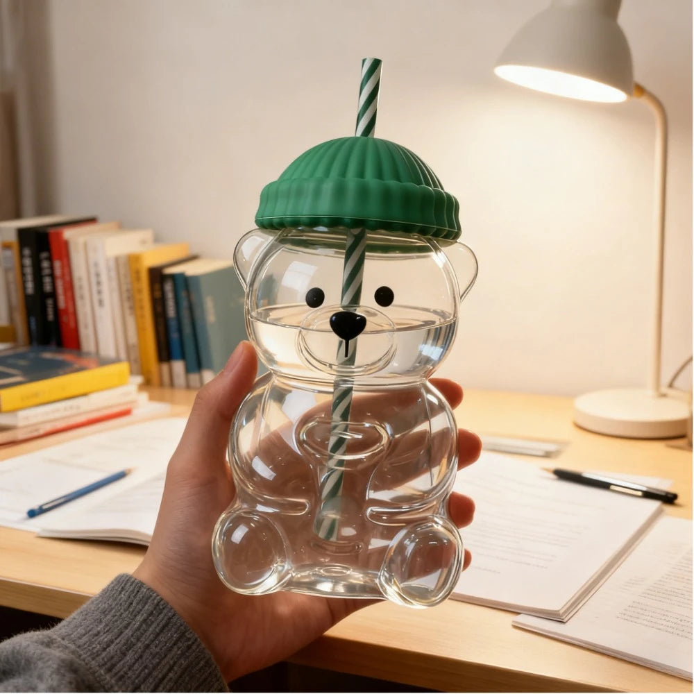 Coffee Cup Cute Little Bear Straw Plastic Water Cup Durable Coffee Wine Mike Beverage Cup for Birthday and Christmas Gifts
