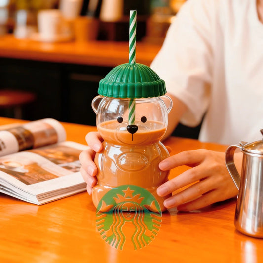 Coffee Cup Cute Little Bear Straw Plastic Water Cup Durable Coffee Wine Mike Beverage Cup for Birthday and Christmas Gifts