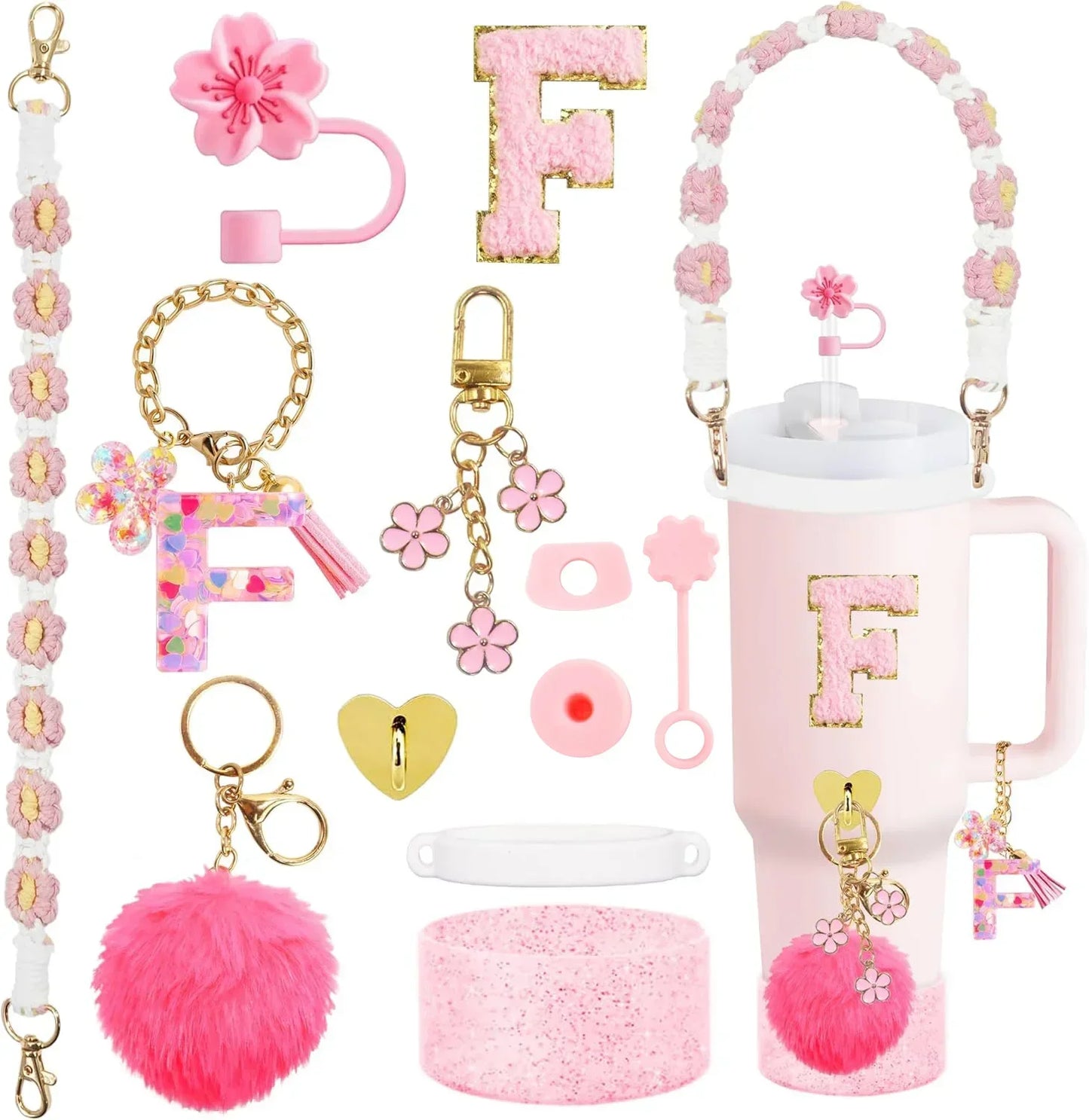 12PCS Cup Accessories for Stanley Cup 30oz 40oz Straw Cover Cap Water Bottle Handle Strap Boot Chains Personalized Sticker