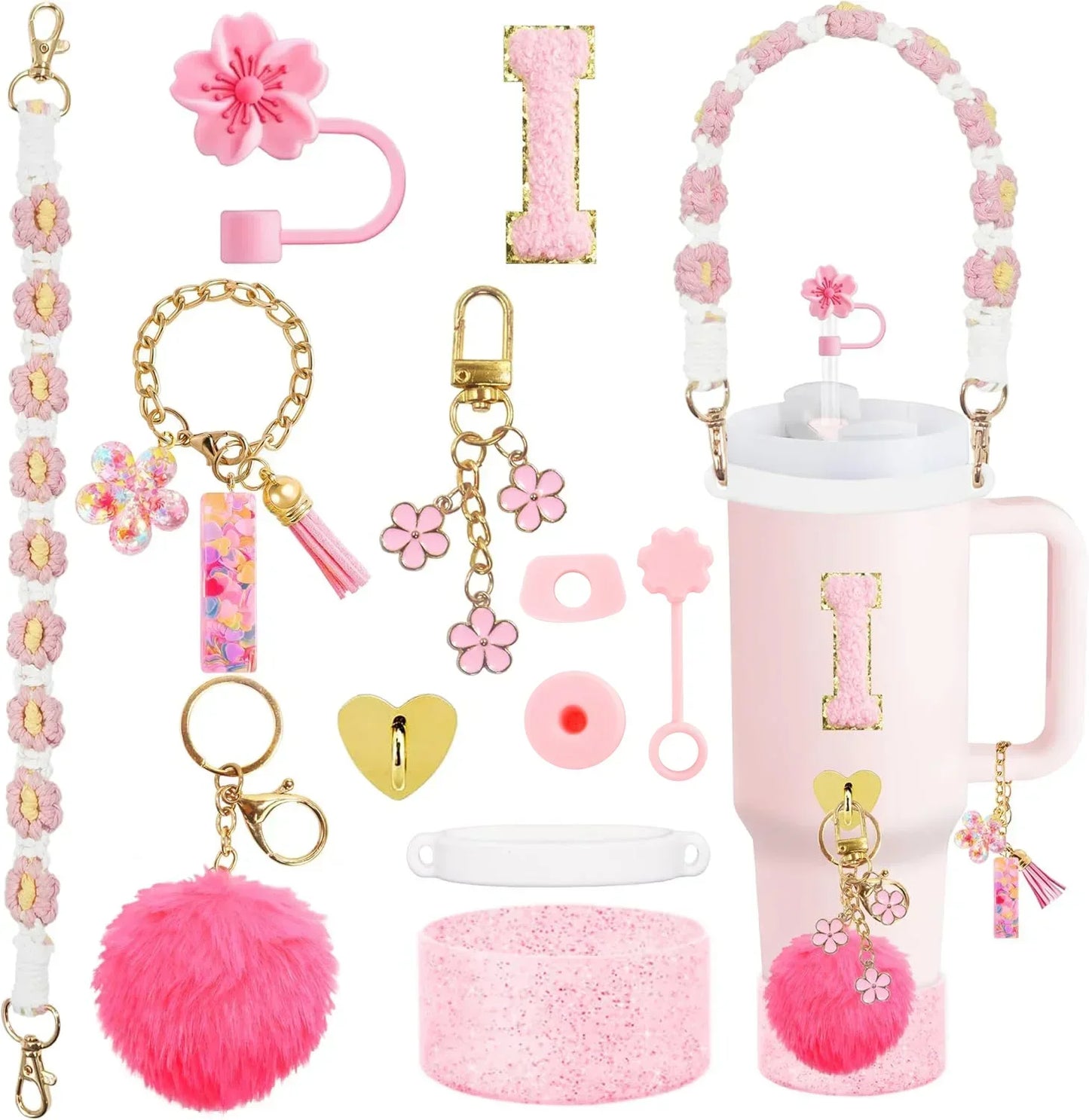 12PCS Cup Accessories for Stanley Cup 30oz 40oz Straw Cover Cap Water Bottle Handle Strap Boot Chains Personalized Sticker