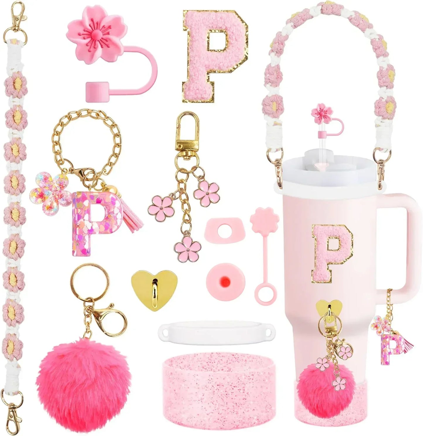 12PCS Cup Accessories for Stanley Cup 30oz 40oz Straw Cover Cap Water Bottle Handle Strap Boot Chains Personalized Sticker