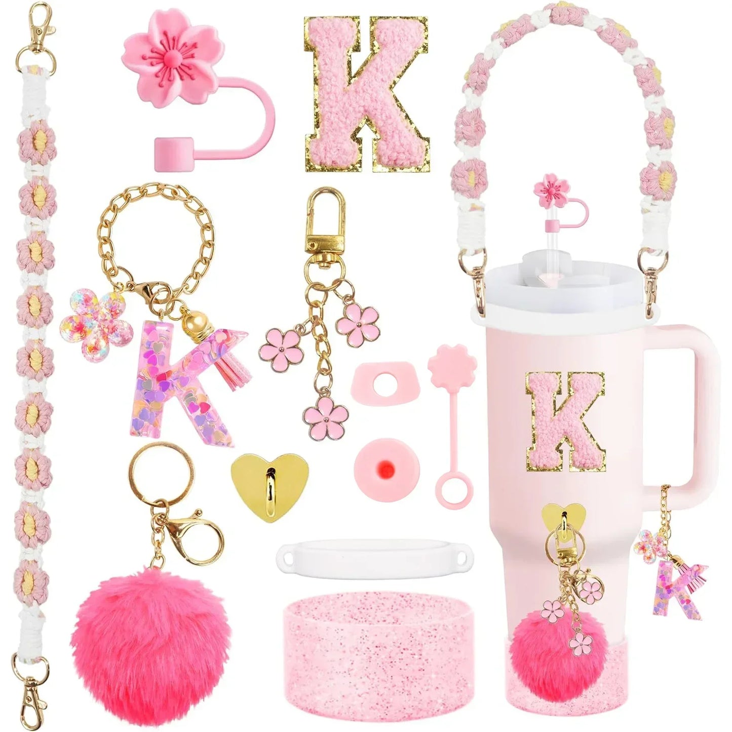 12PCS Cup Accessories for Stanley Cup 30oz 40oz Straw Cover Cap Water Bottle Handle Strap Boot Chains Personalized Sticker