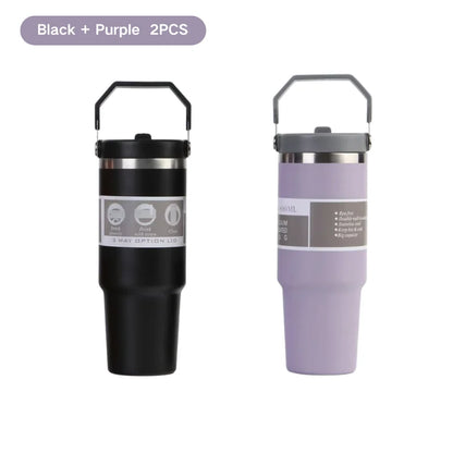 30oz Large Capacity Portable Car Cup Stainless Steel Thermos Cup with Straw & Handle Travel Sports Water Bottle Vacuum Flask