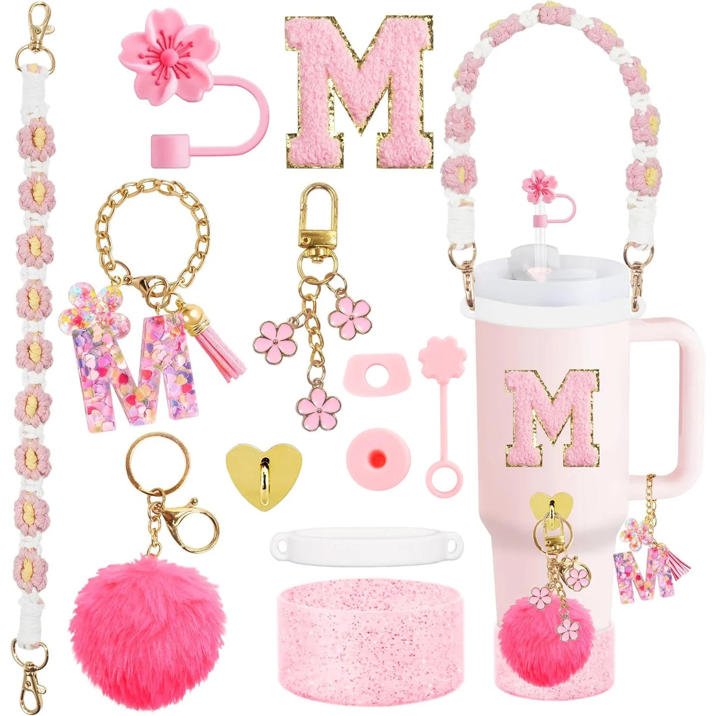 12PCS Cup Accessories for Stanley Cup 30oz 40oz Straw Cover Cap Water Bottle Handle Strap Boot Chains Personalized Sticker