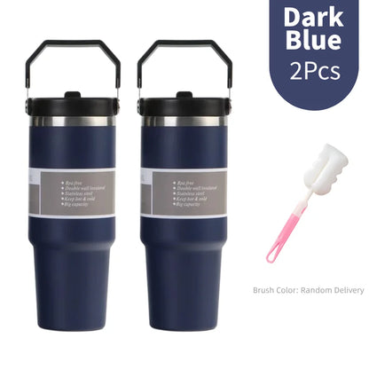 30oz Large Capacity Portable Car Cup Stainless Steel Thermos Cup with Straw & Handle Travel Sports Water Bottle Vacuum Flask