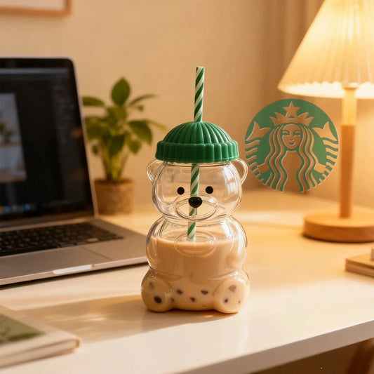 Coffee Cup Cute Little Bear Straw Plastic Water Cup Durable Coffee Wine Mike Beverage Cup for Birthday and Christmas Gifts