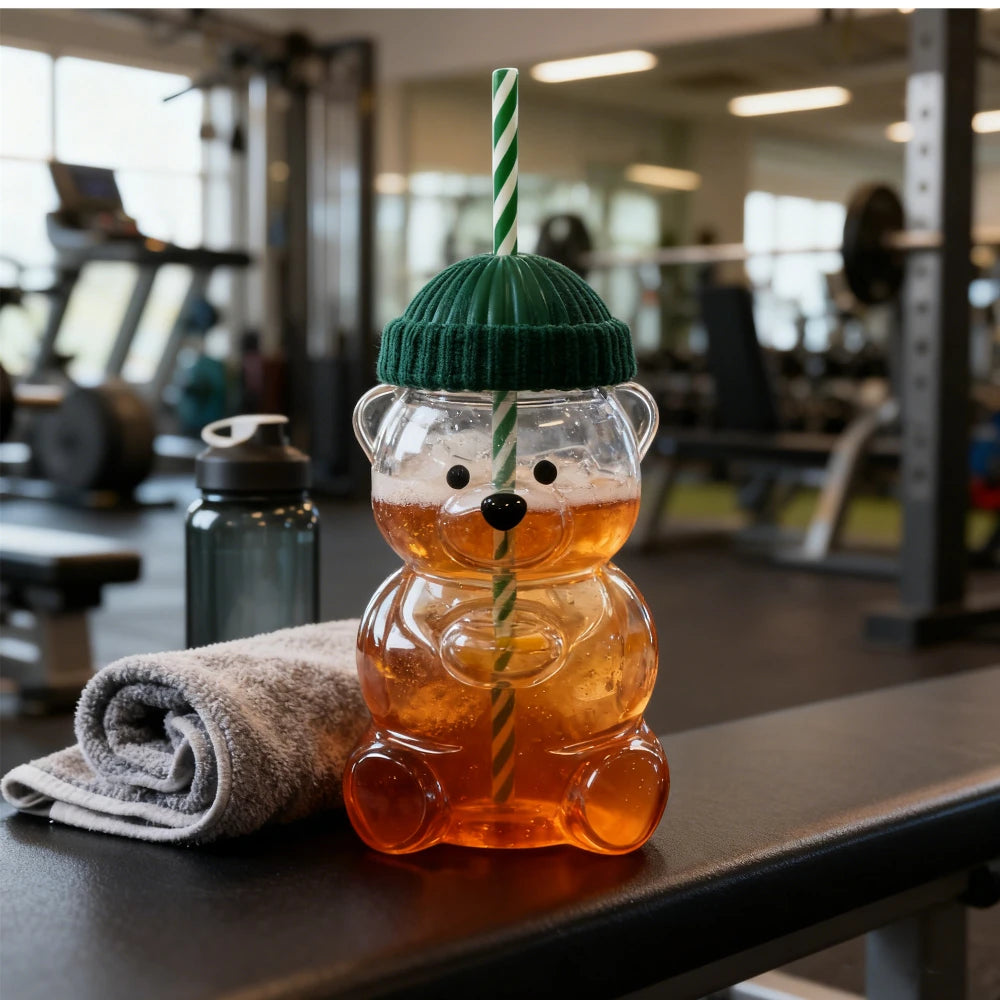 Coffee Cup Cute Little Bear Straw Plastic Water Cup Durable Coffee Wine Mike Beverage Cup for Birthday and Christmas Gifts