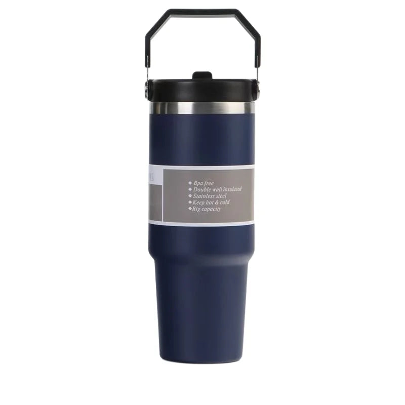 30oz Large Capacity Portable Car Cup Stainless Steel Thermos Cup with Straw & Handle Travel Sports Water Bottle Vacuum Flask