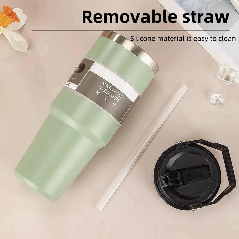 30oz Large Capacity Portable Car Cup Stainless Steel Thermos Cup with Straw & Handle Travel Sports Water Bottle Vacuum Flask