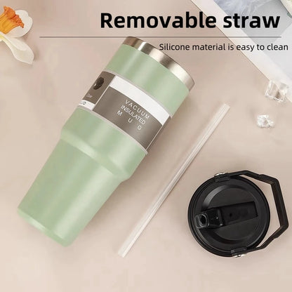 30oz Large Capacity Portable Car Cup Stainless Steel Thermos Cup with Straw & Handle Travel Sports Water Bottle Vacuum Flask